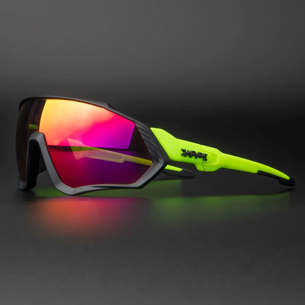 Sport sunglasses with neon yellow arms and mirrored lenses on black background