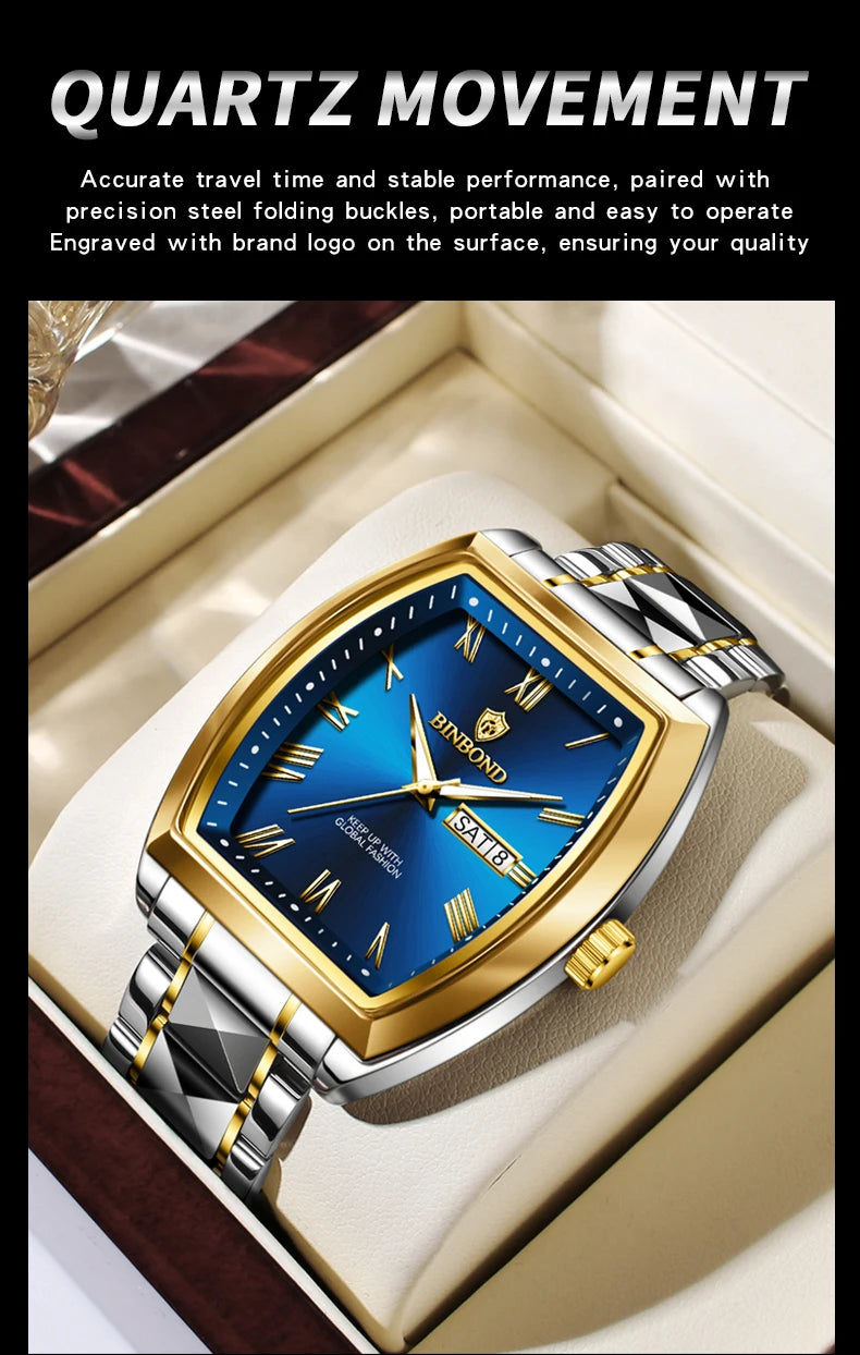 BINBOND 2pcs Couple Watches Fashion Square Quartz Watch for Lover Wateproof Luminous Date Week Men Ladies Valentine Wristwatch