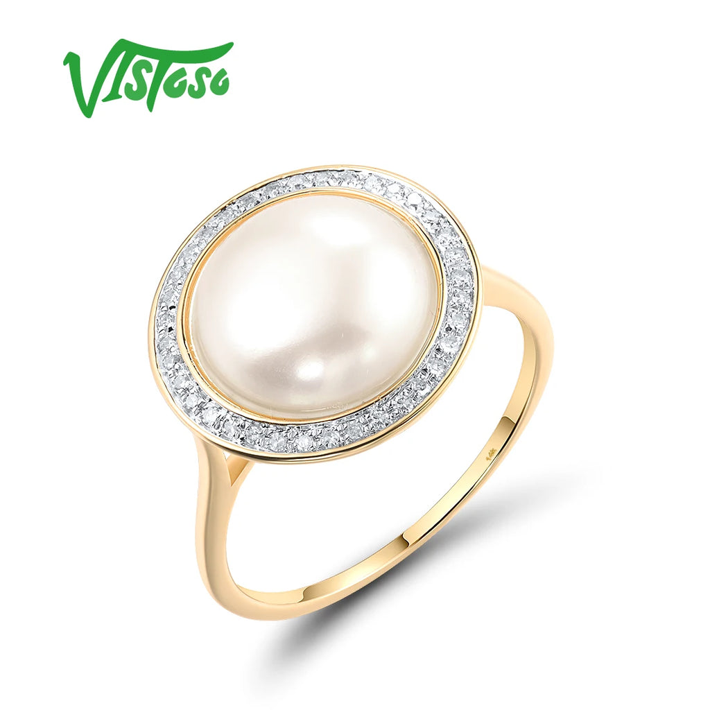VISTOSO Authentic 14K 585 Yellow Gold Rings For Women Sparkling Diamond Fresh Water Pearl Round Wedding Set Trendy Fine Jewelry