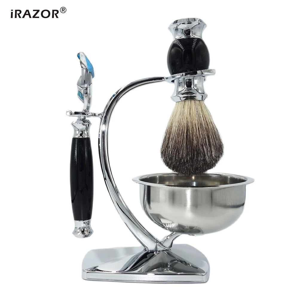 iRAZOR 5-Blade Fusion Safety Razor Shaving Kit with Badger Hair Shaving Brush & Bowl Stand Holder - Grooming Gift for Men