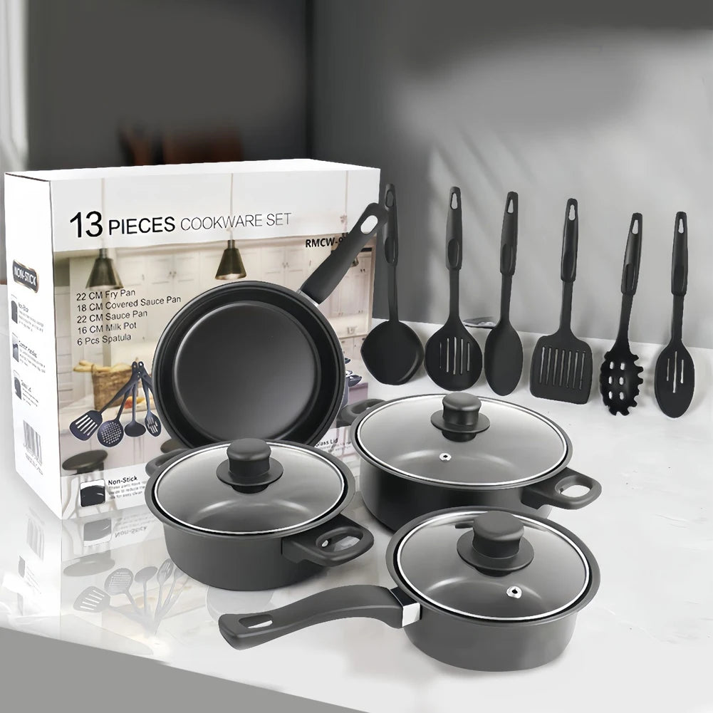 12-Piece Non-Stick Cookware Set Cooking Pot with Lid Milk Pot Maifan Stone Frying Pan Stackable Pot Set for All Types of Cooker