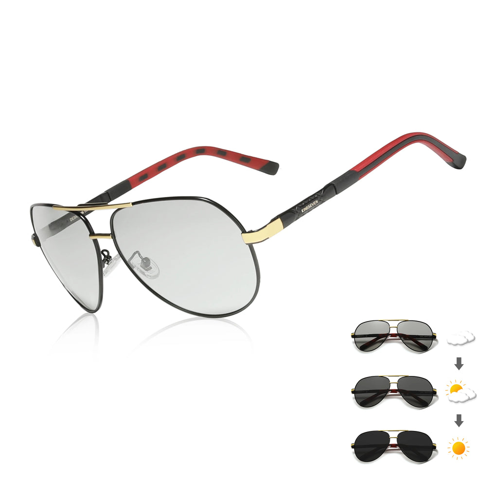 Aviator photochromic sunglasses with black frame, gold accents, and red arms, lenses darken in sunlight