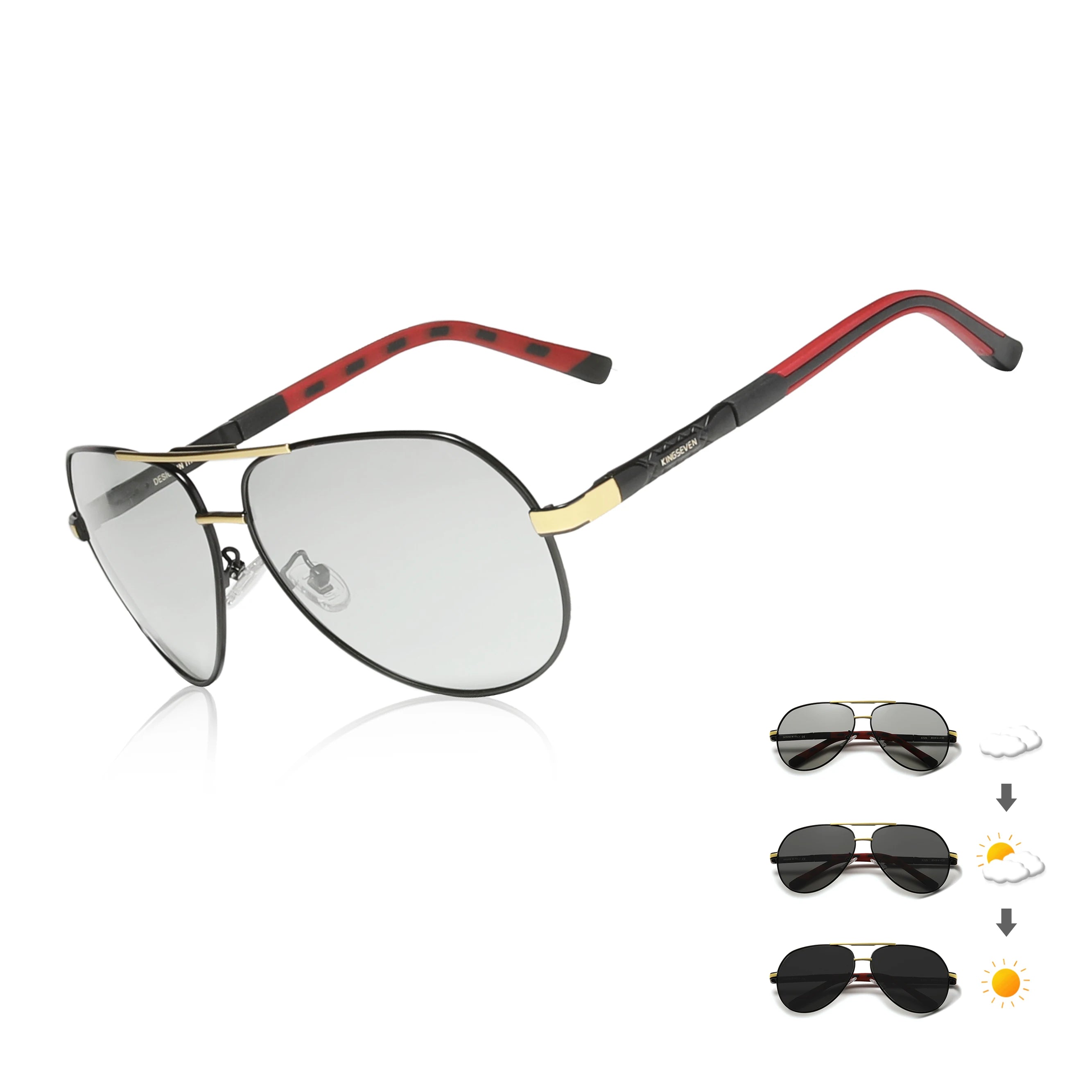 Aviator photochromic sunglasses with black frame, gold accents, and red arms, lenses darken in sunlight