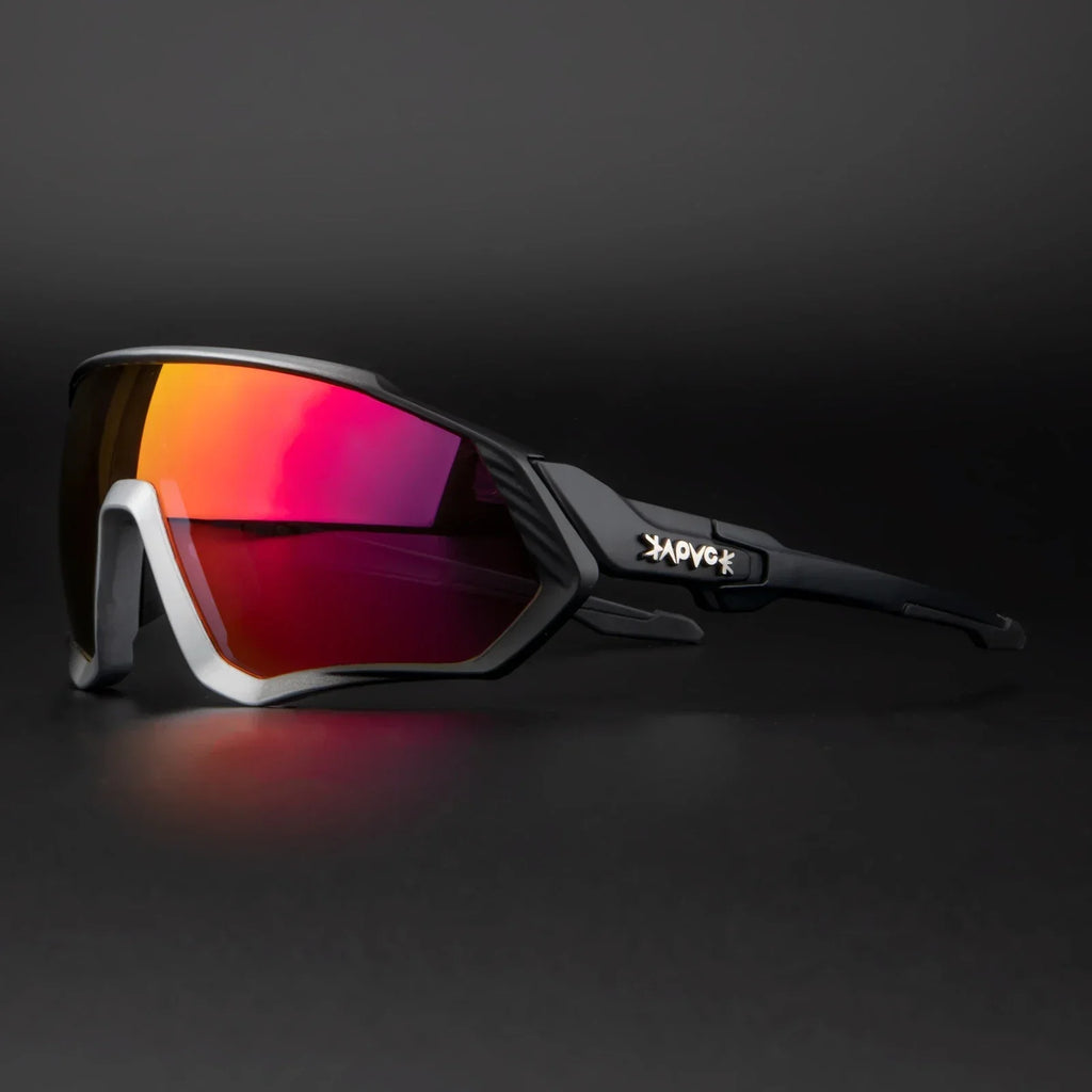 Sporty wraparound sunglasses with black frame, red mirrored lens, and side logo