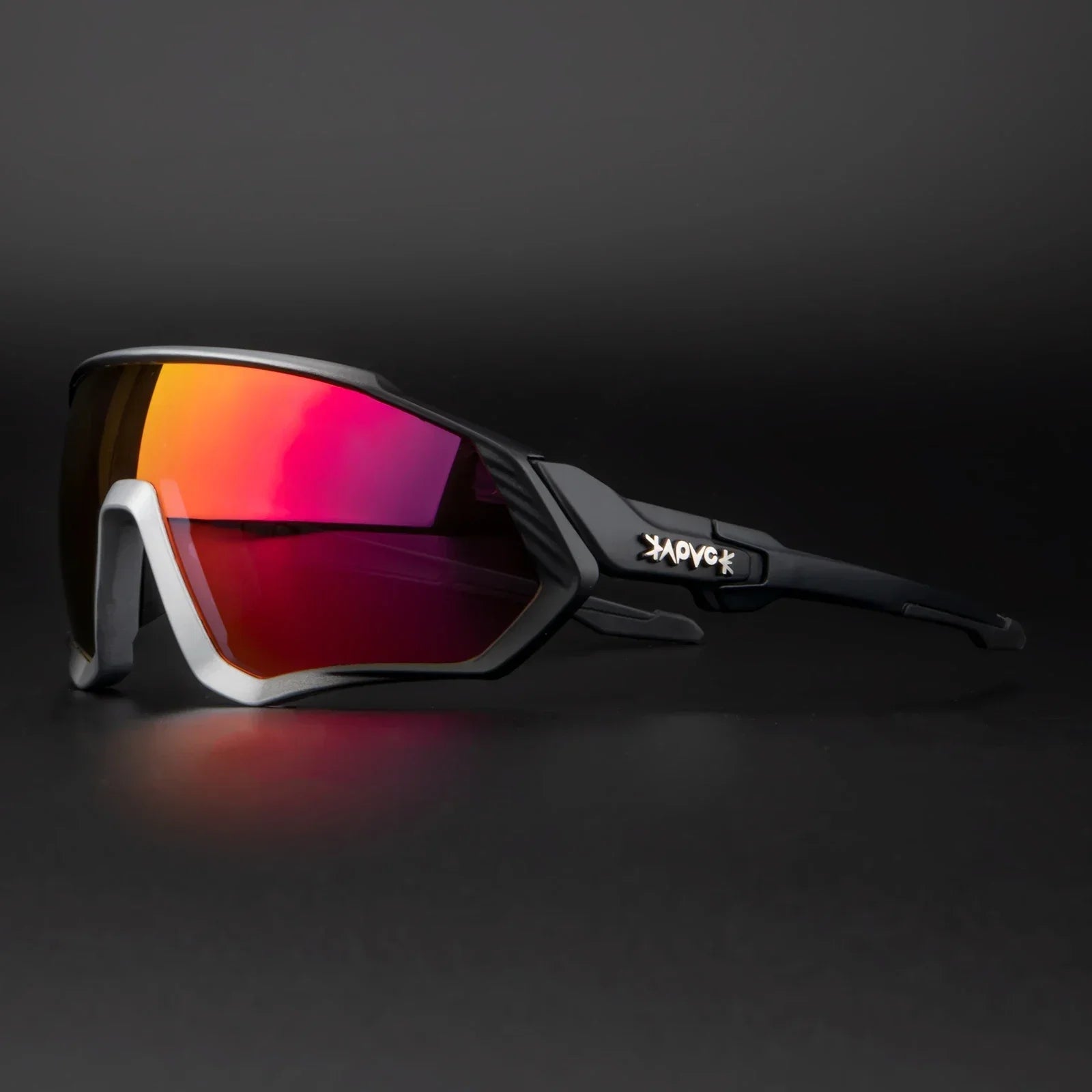 Sporty wraparound sunglasses with black frame, red mirrored lens, and side logo