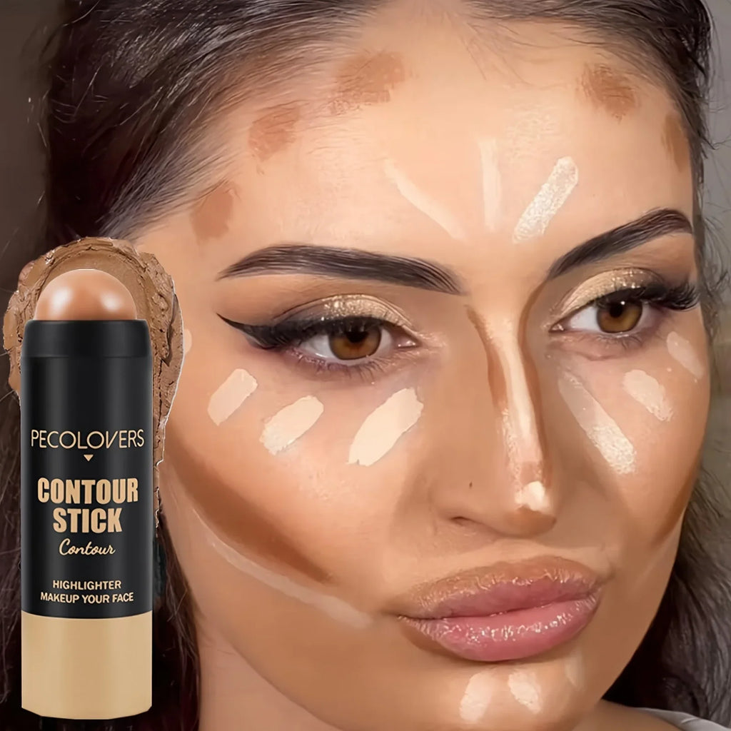 Woman applying makeup with contour stick, highlighting and contour lines on face