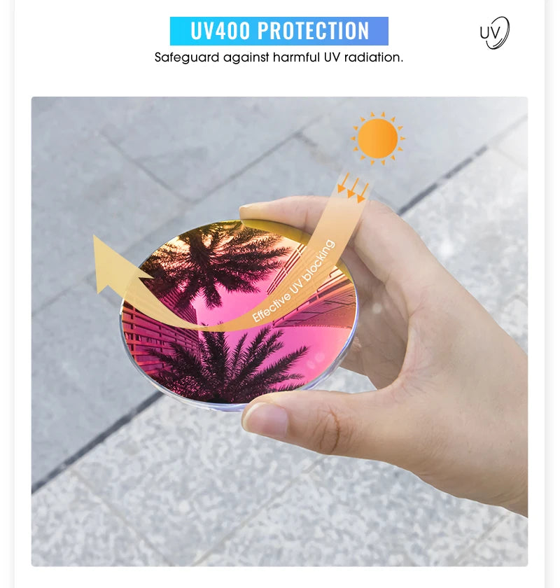 Hand holding UV400 protection sunglasses lens showing effective UV blocking outdoors