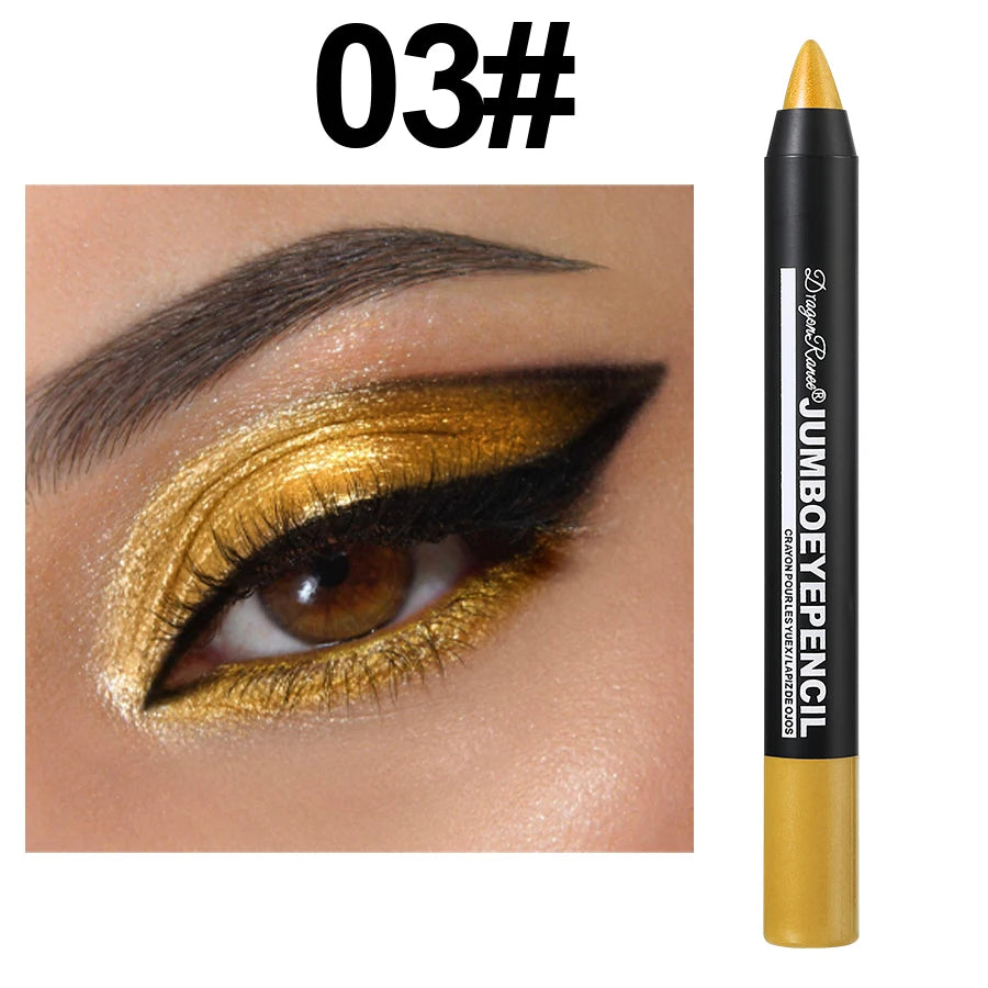 Gold jumbo eye pencil with bold gold and black eyeshadow makeup look, labeled 03#.