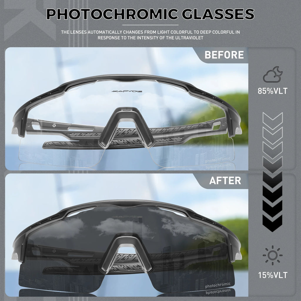 Photochromic sports sunglasses showing clear to dark lens transition in sunlight comparison.