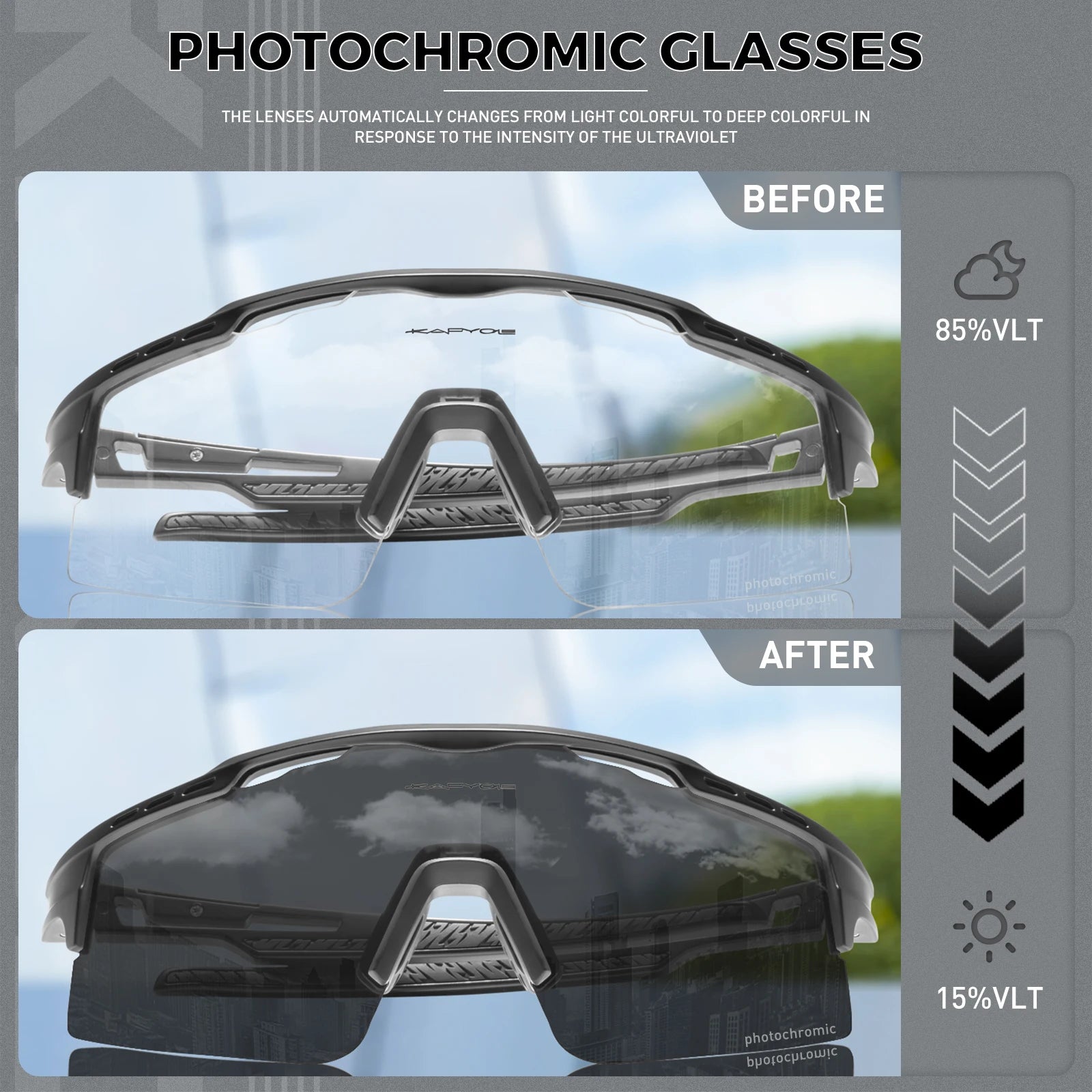 Photochromic sports sunglasses showing clear to dark lens transition in sunlight comparison.