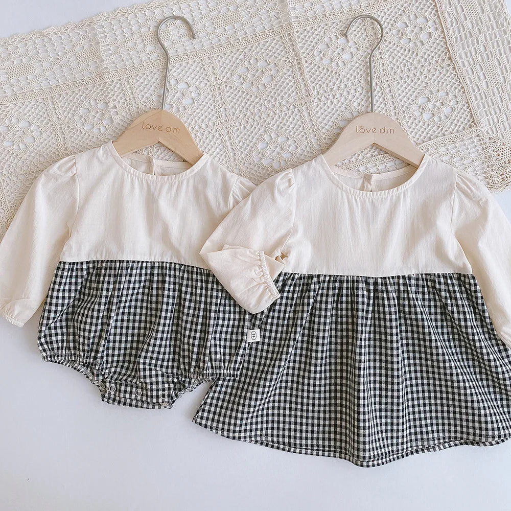 2pcs Baby Girls Clothing 0-4 Years Sister Outfit Set - Gingham Romper/Dress with Blouse Matching Clothes for Siblings
