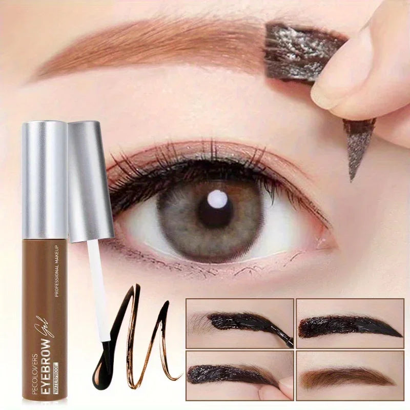 Eyebrow gel application on woman's eyebrow with brush, close-up, before and after results