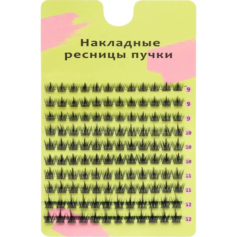 Tray of individual cluster false eyelashes on a yellow card with length labels.