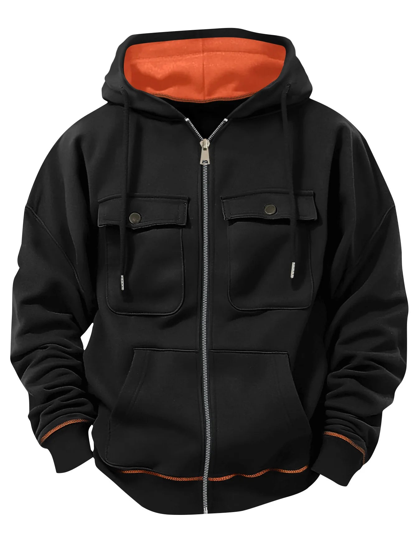 2026 New model retro workwear hooded sweatshirt, men's zipper solid-color warm sports shirt with multiple pockets hooded jacket