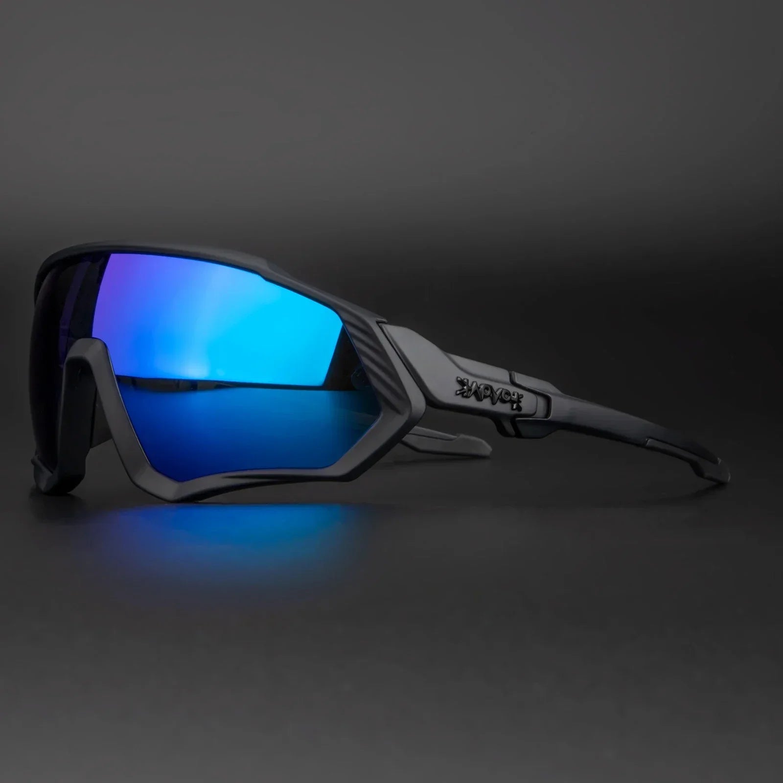 Sporty black sunglasses with blue mirrored lenses on a dark background