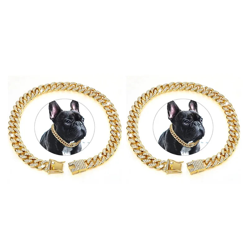 1/2pcs Pet Dog Collar Cat Chain Diamond Walking Metal Chain Collar With Design Secure Buckle Jewelry Accessories Cuban Collar