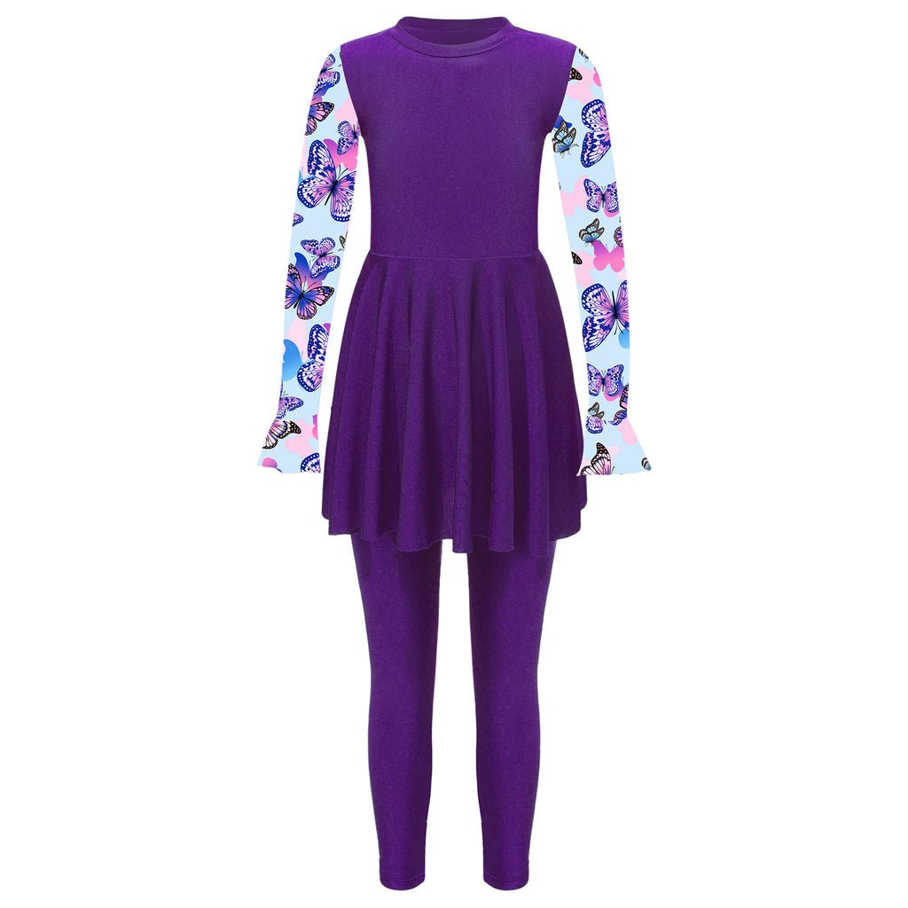 Girls Swimsuits 2 Piece Rash Guard Set UPF 50 Sun Protection Long Sleeve Swim Dress with Leggings Kids Full Body Cover Beachwear