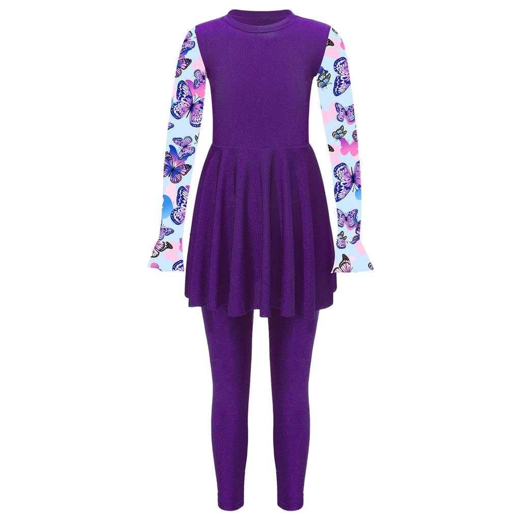 Girls Swimsuits 2 Piece Rash Guard Set UPF 50 Sun Protection Long Sleeve Swim Dress with Leggings Kids Full Body Cover Beachwear