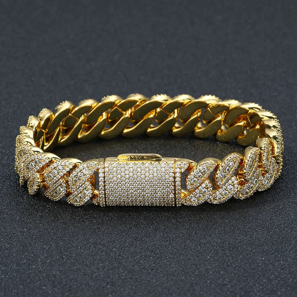 Luxury 24K 9999 Pure Gold real gold Hip Hop Wide 14mm Flip Buckle Full Diamond Cuban Chain Men's Bracelet