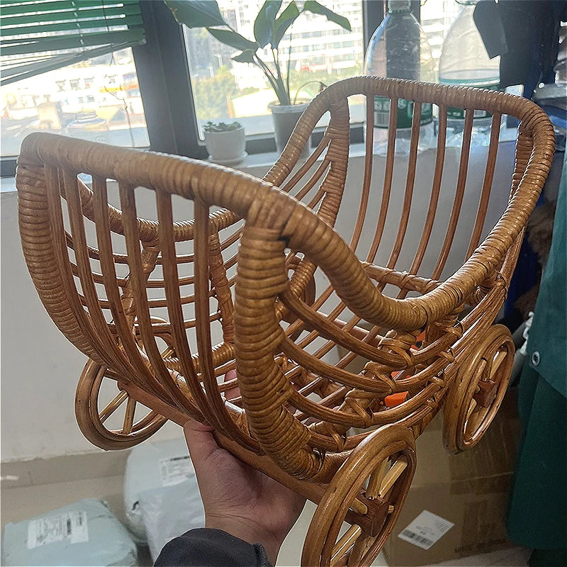 Vintage Baby Rattan Cart Newborn Photography Furniture Hand-woven Baby Stroller Photo Posing Chair Studio Photoshoot Accessories
