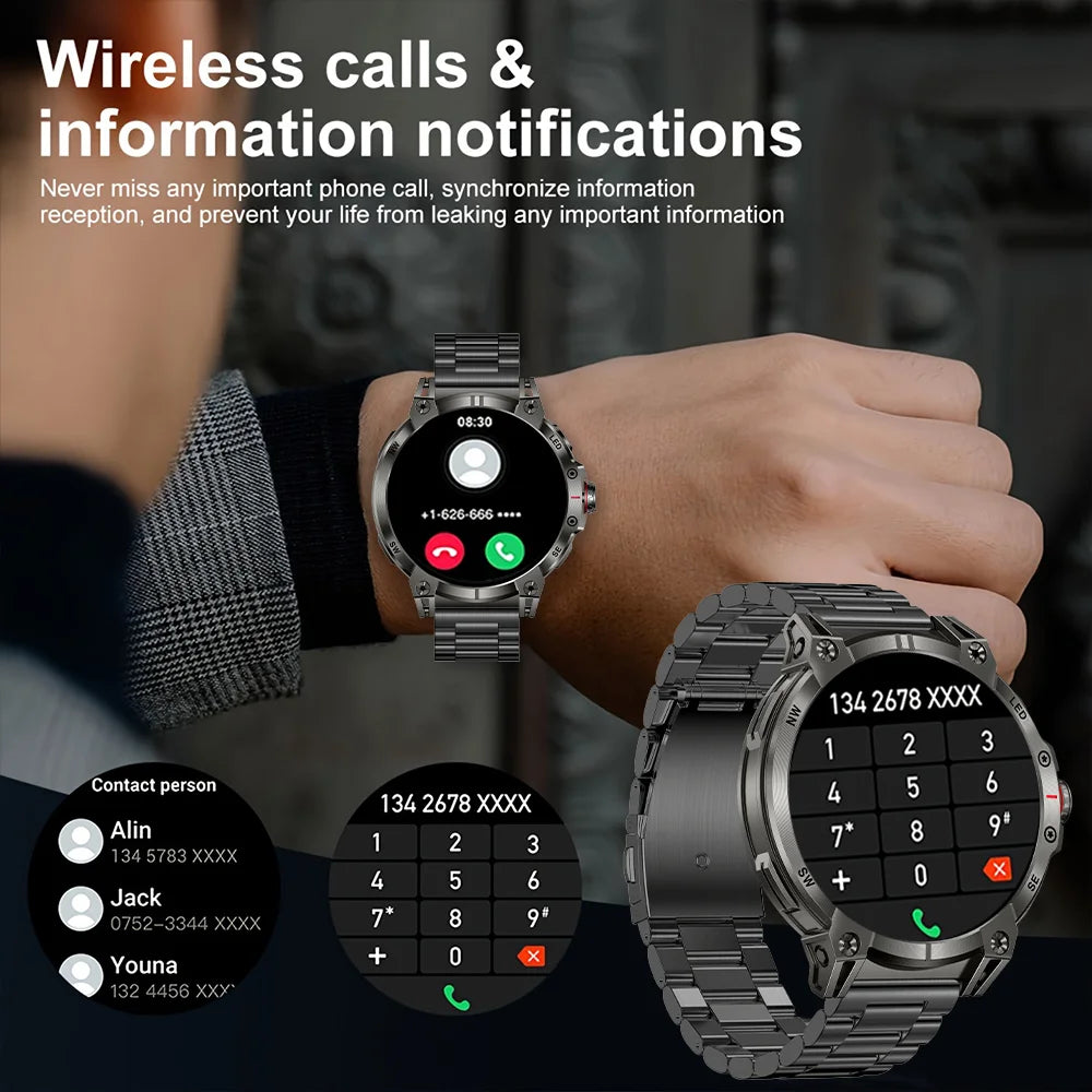 Military smartwatch men,760mAh Bluetooth call,LEDflashlight,compass,1.85HD Large screen,heart rate.blood pressure,IP68waterproof