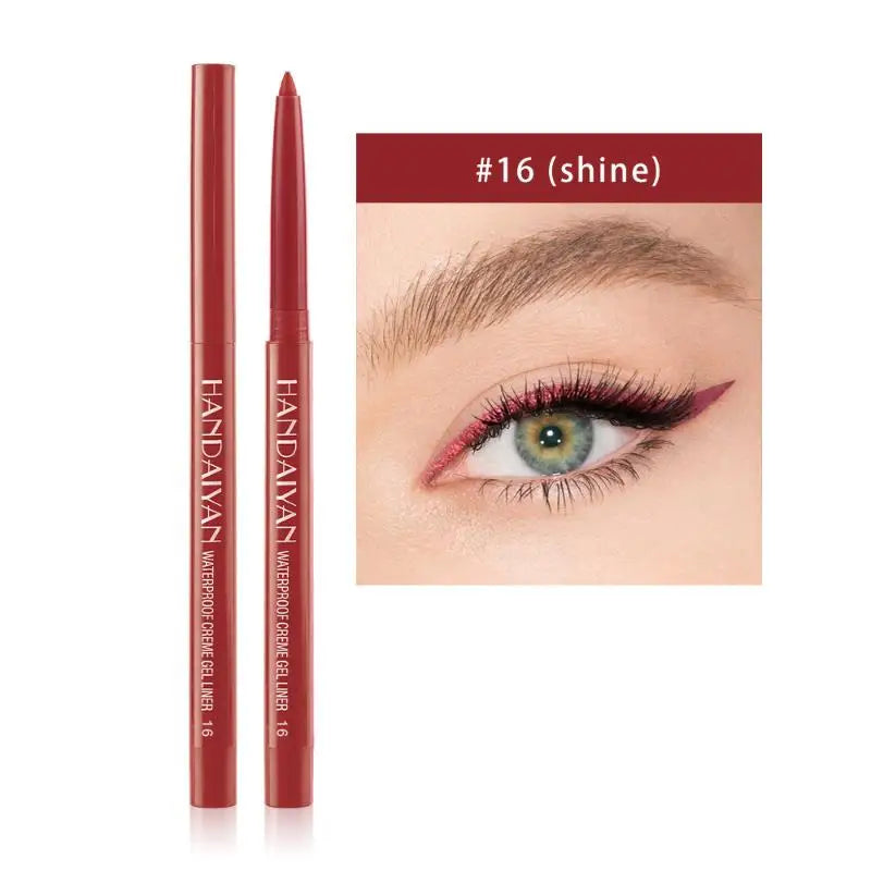 Red waterproof gel eyeliner pencil with shiny finish shown on model's eye, shade 16.