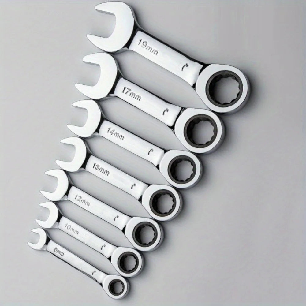 6-19mm Stubby Ratchet Spanner Short Ratchet Wrench Car Repair Hand Tools 72 Tooth Design Short Handle Dual-purpose Wrench Tool