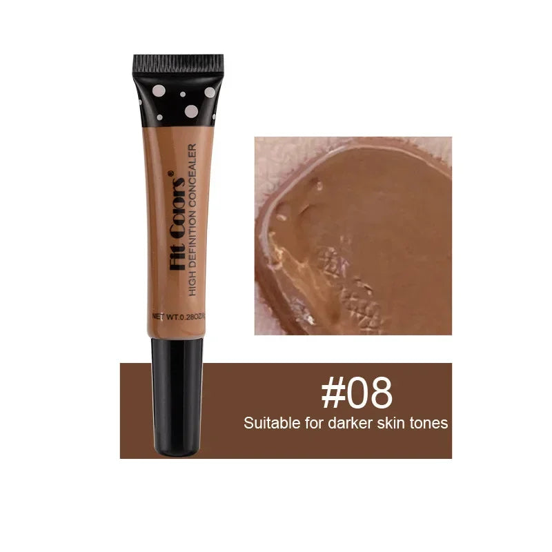High definition concealer tube shade 08 for darker skin tones, makeup swatch shown.