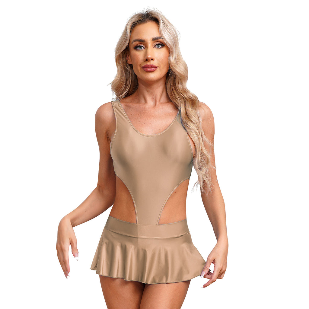 Maillot Bain Brillant Bodysuit Mini Jupe Femme