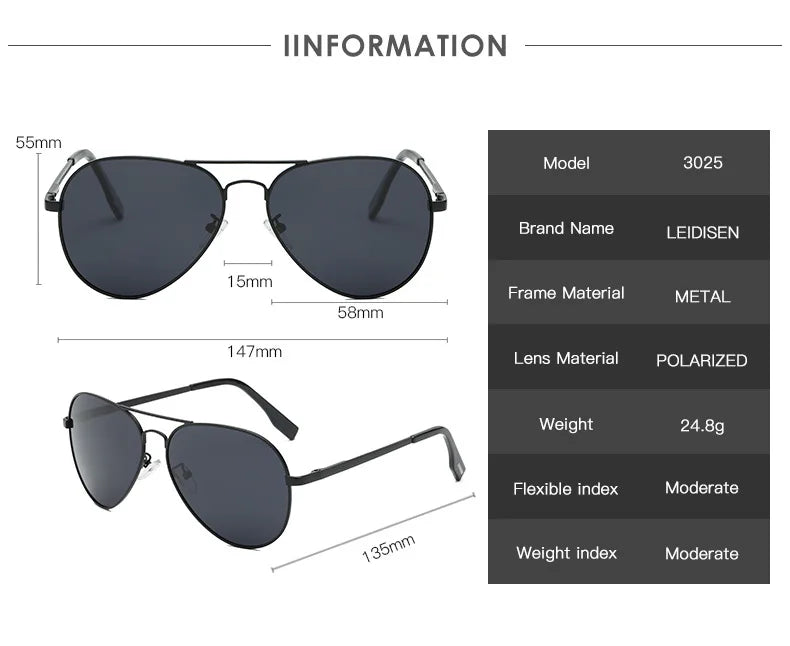 Black aviator sunglasses with polarized lenses, metal frame, model 3025, product dimensions shown