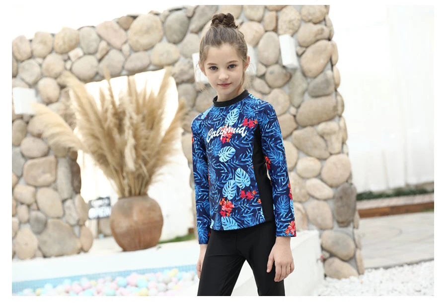 Girls Swimming Suit Children's Swimwear Three-Piece Set Quick Dry Sun Protection Large Size Polyester Fiber Student Girl