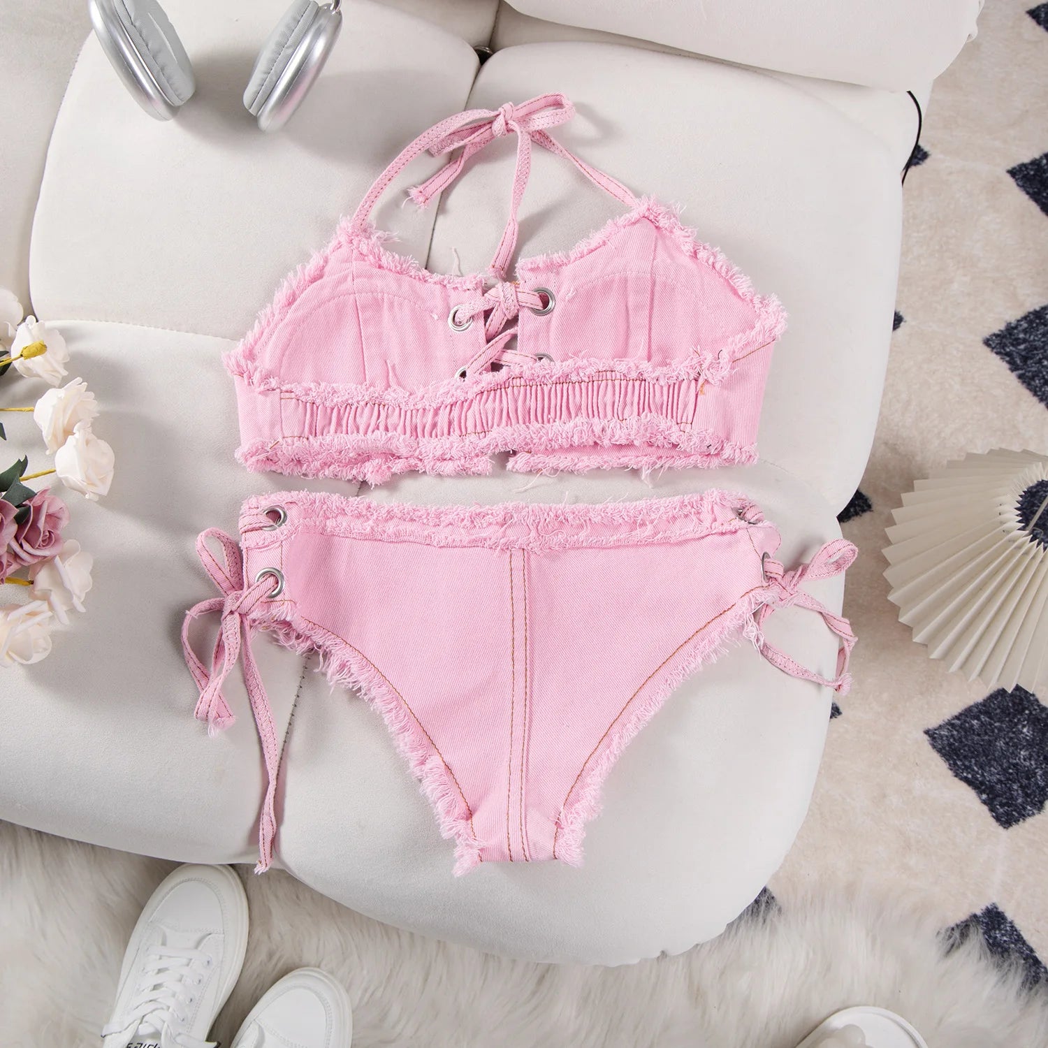 DEKA Women's Bandage Denim Bikini Set Summer New Jeans Shorts Swimwear Bra Beach Play and Bar Nightclub Swimsuit