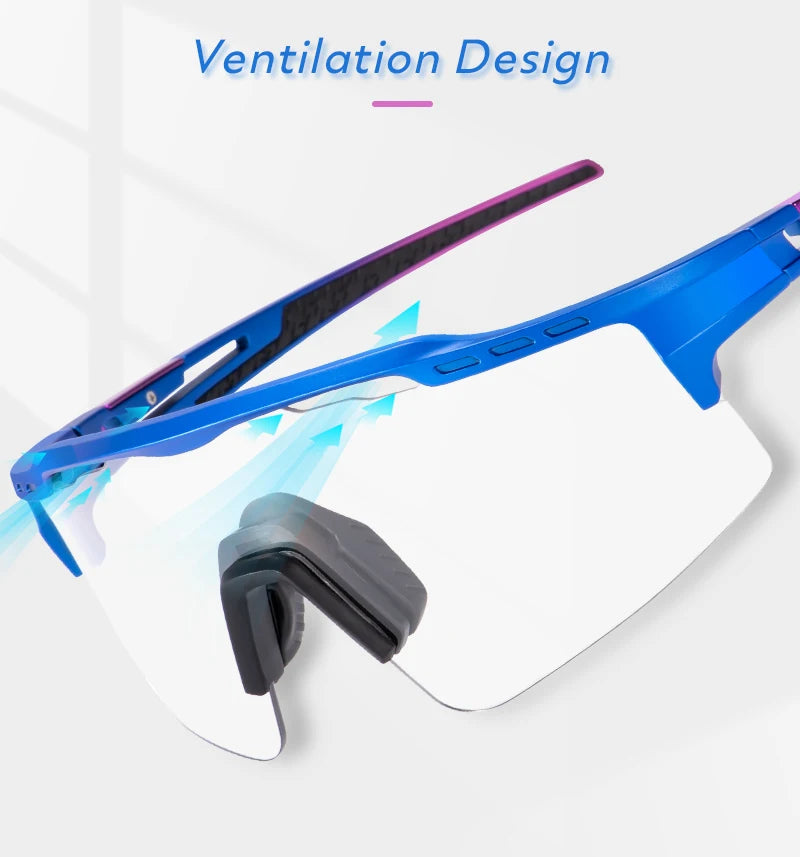 Blue sports sunglasses with clear lenses and ventilation design feature, close-up view