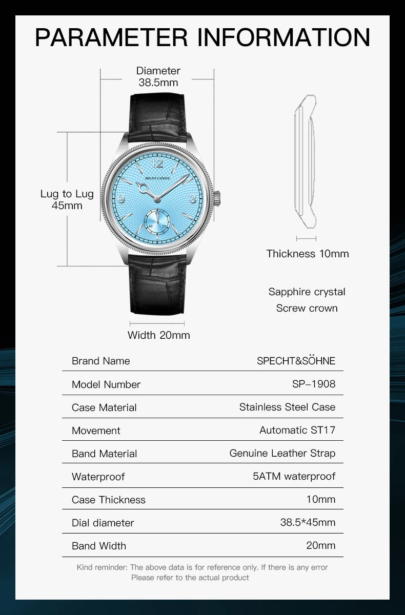New Fashion Specht & Söhne 38.5MM Mechanical Watches For Men Seagull Movt Sapphire Crystal Business Watch Relogio Masculino