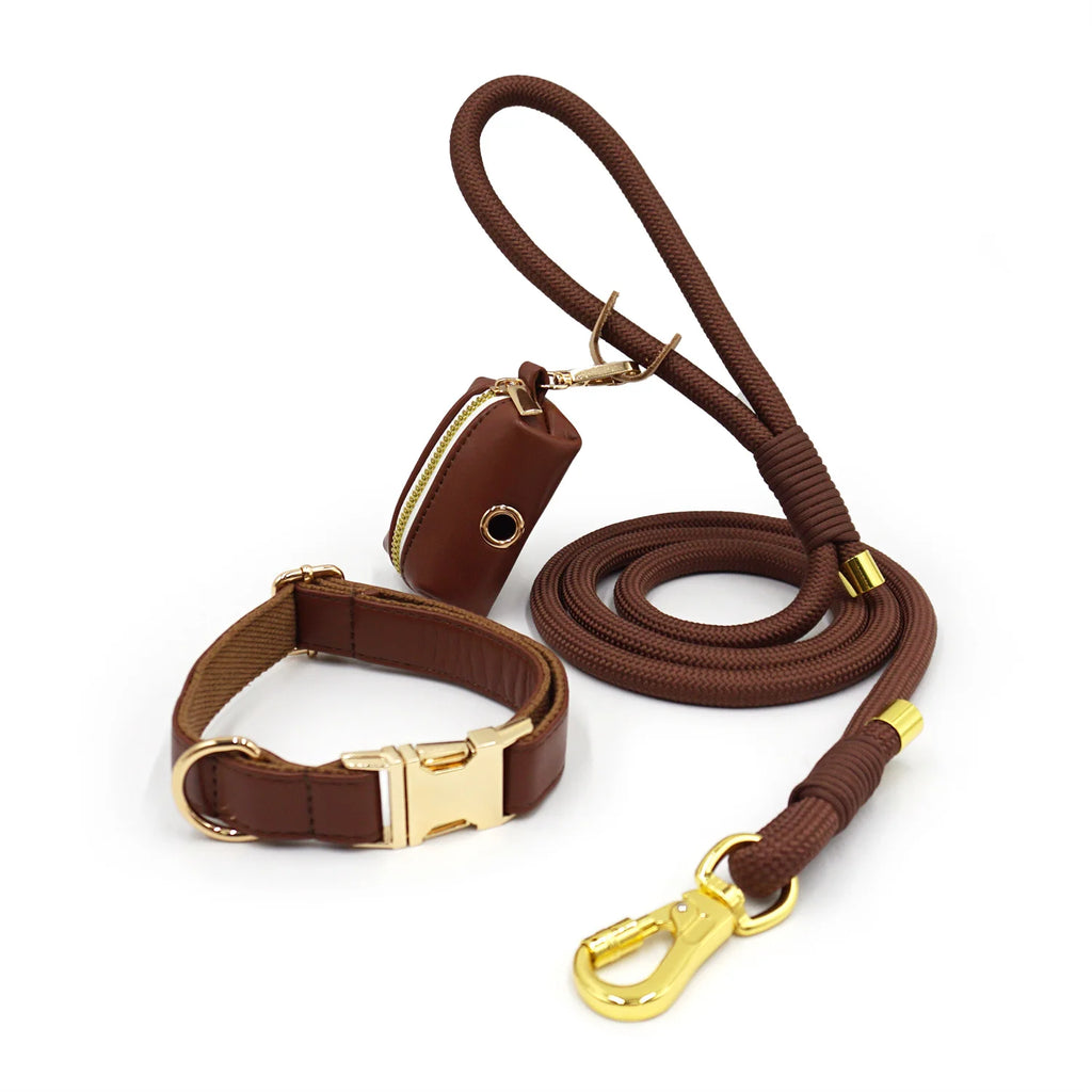 Coffee PU Leather Collar and Leash for Dogs Personalized Dog Collar for Small Medium Large Dogs Adjustable Necklace for Yorkies