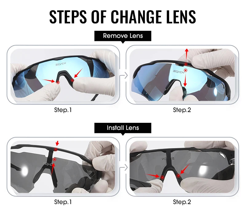 Step-by-step guide to removing and installing lenses on sports sunglasses, shown with gloved hands.