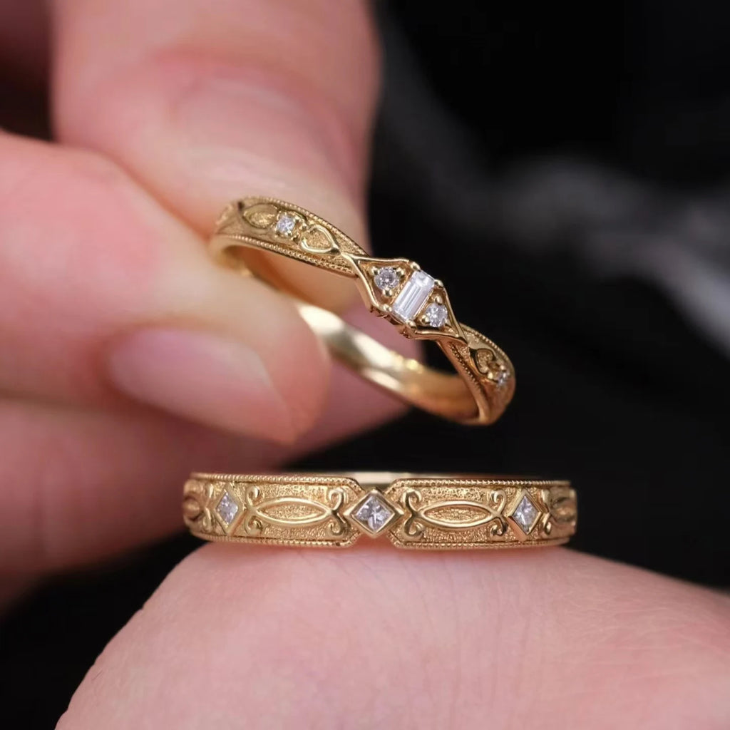 Handcrafted Designer Antique-Style Textured 18K/14K/9K Gold Couple Rings, Timeless Luxury Wedding/Engagement Bands