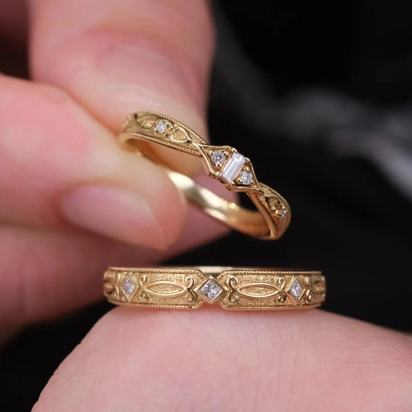 Handcrafted Designer Antique-Style Textured 18K/14K/9K Gold Couple Rings, Timeless Luxury Wedding/Engagement Bands