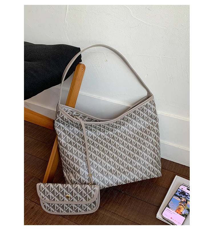 Large Capacity Women's Shoulder Bag Fashionable Commuter Tote Bag Soft PU Leather Printed Geometric Pattern Autumn New Arrival