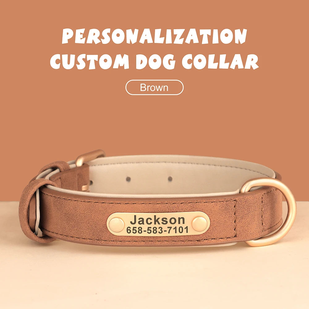 Customized Dog Collar PU Leather Dogs Collars Personalized Pet ID Name Necklace Free Engraving for Small Medium Large Dogs Pug