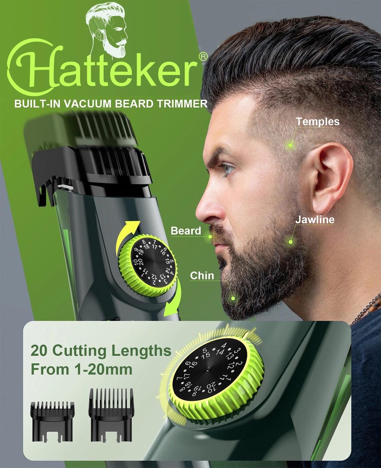 Hatteker Cordless Beard Trimmer Men Rechargeable Electric Shaver Built-in Vacuum Clipper for Mustache Sideburns IPX6 Washable