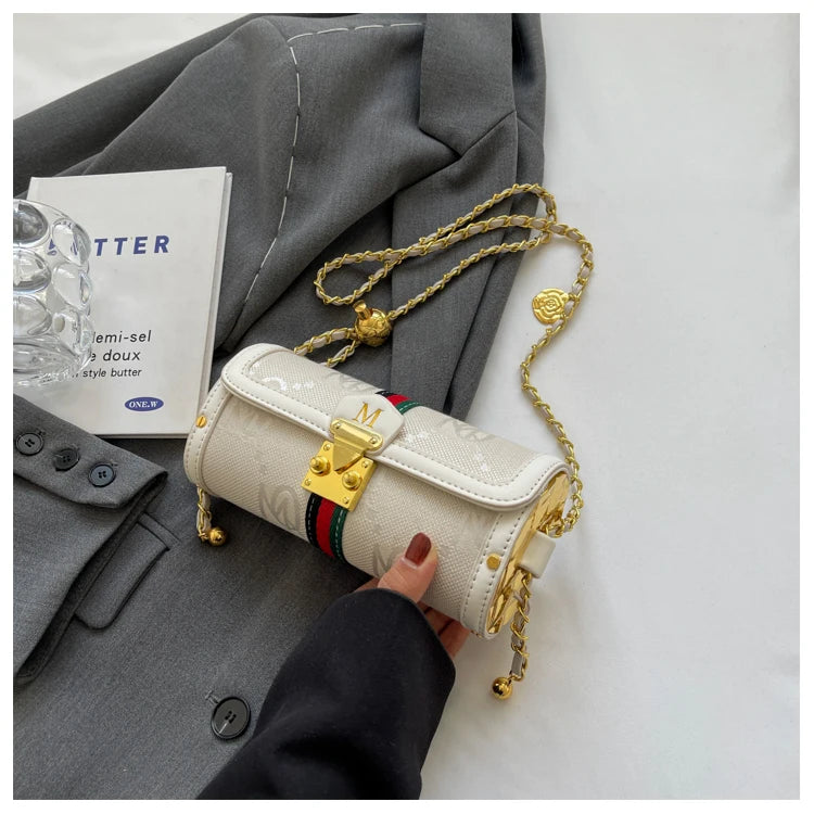 Fashionable Retro Summer Women's Chain Crossbody Bag Trendy Cylinder Bag Soft PU Leather Casual Style Small Size Korean Style