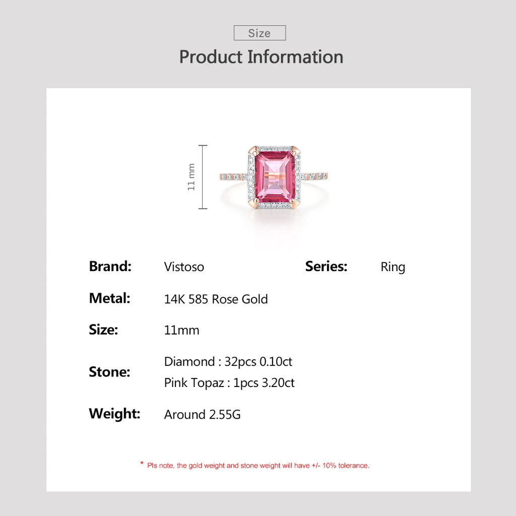 VISTOSO Genuine 14K 585 Rose Gold Solitaire Rings For Women Sparkling Diamond Pink Topaz Rectangle Gorgeous Fine Fashion Jewelry