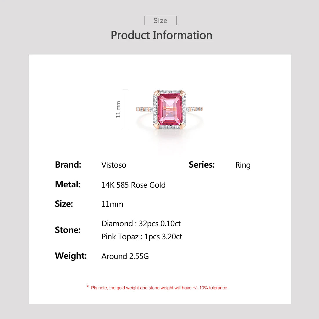 VISTOSO Genuine 14K 585 Rose Gold Solitaire Rings For Women Sparkling Diamond Pink Topaz Rectangle Gorgeous Fine Fashion Jewelry