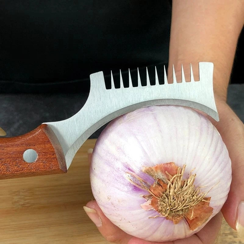 403 Stainless Steel Wide Tooth Green Onion Slicer Kitchen Solid Wood Handle Onion Cutter Shredder Vegetable Cutting Gadget Tool