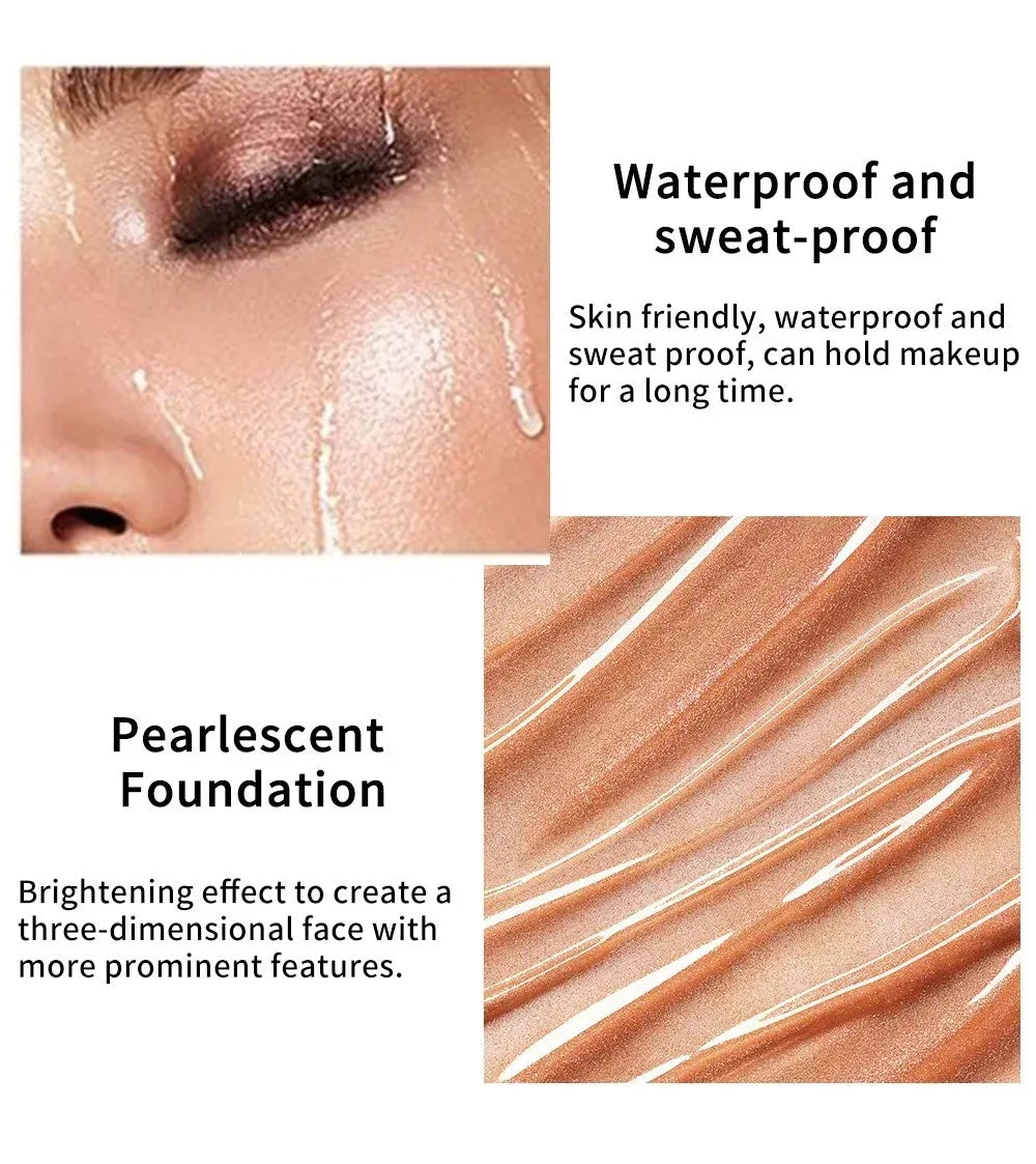 Waterproof and sweat-proof pearlescent foundation with shimmery texture and brightening effect.