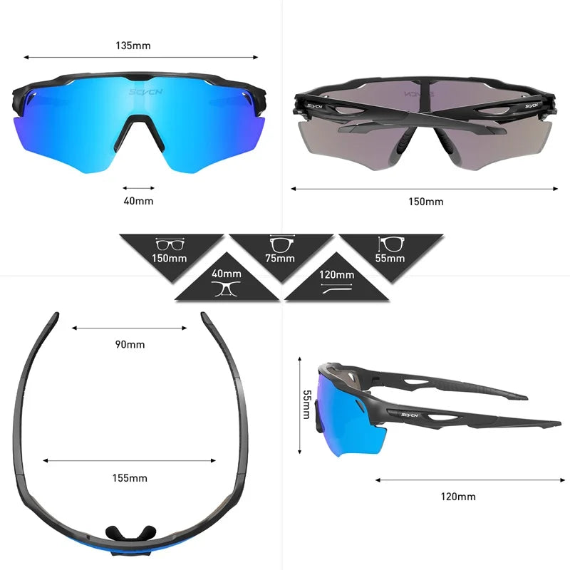 Sport sunglasses with blue mirrored lenses shown from multiple angles, with detailed size measurements.
