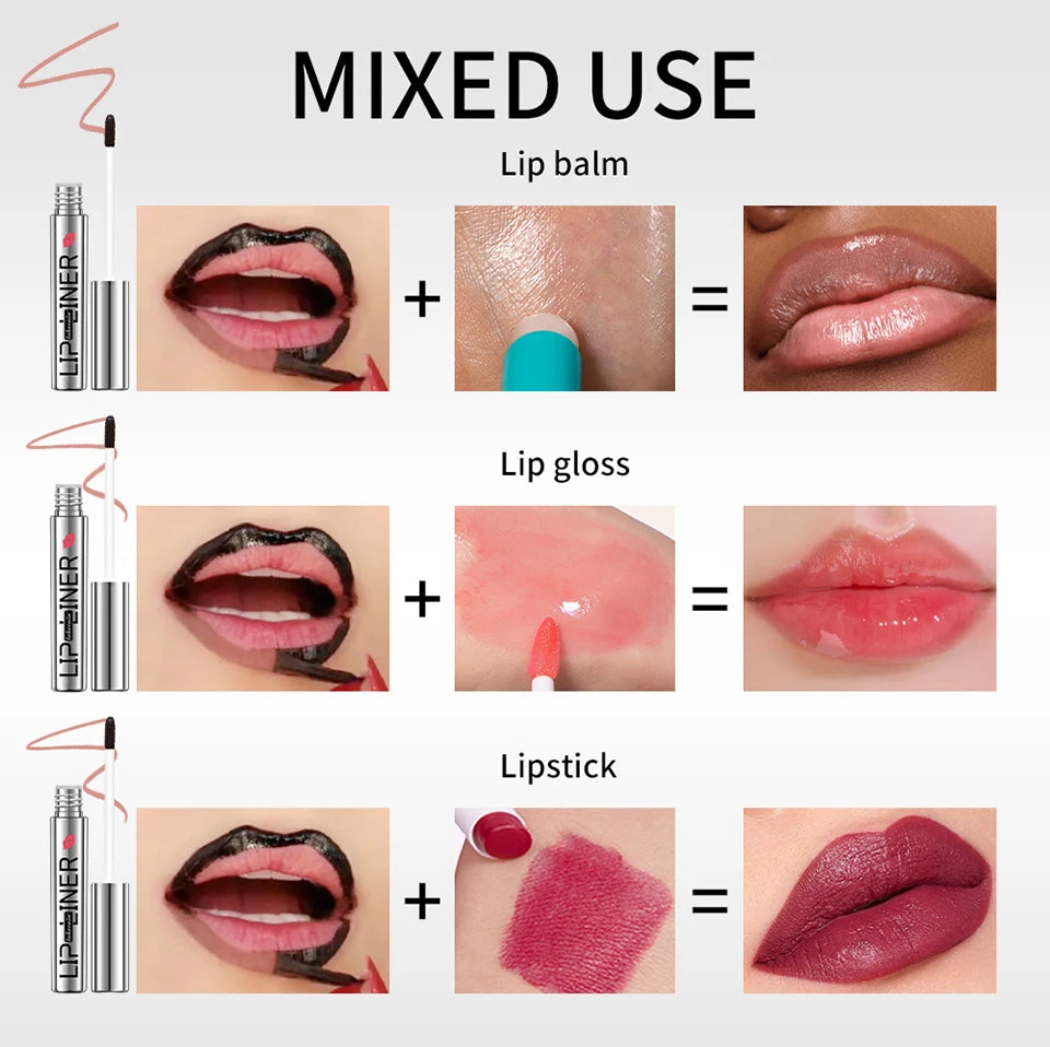 Lip liner mixed use guide showing effects with lip balm, lip gloss, and lipstick on lips.