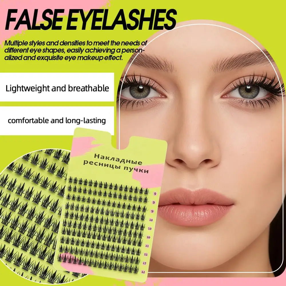 False eyelashes set with close-up of woman's eyes, highlighting lightweight, long-lasting lash extensions.