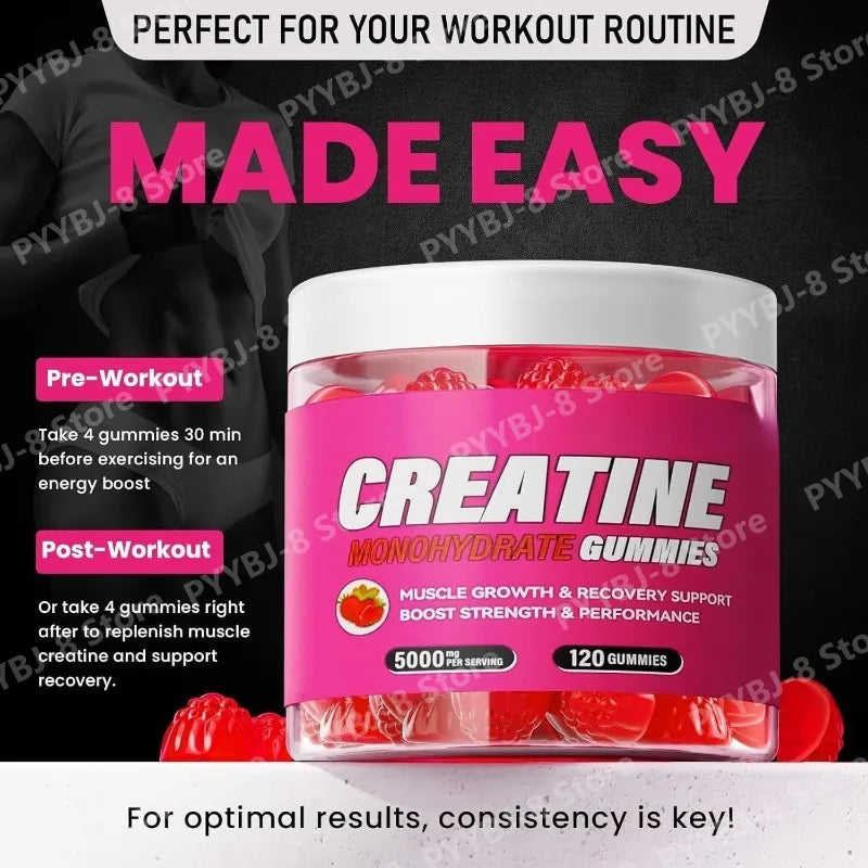 120 Count Creatine Monohydrate Gummies 5000mg Strawberry Flavor Support Muscle Growth and Post Exercise Recovery 0g Sugar Vegan